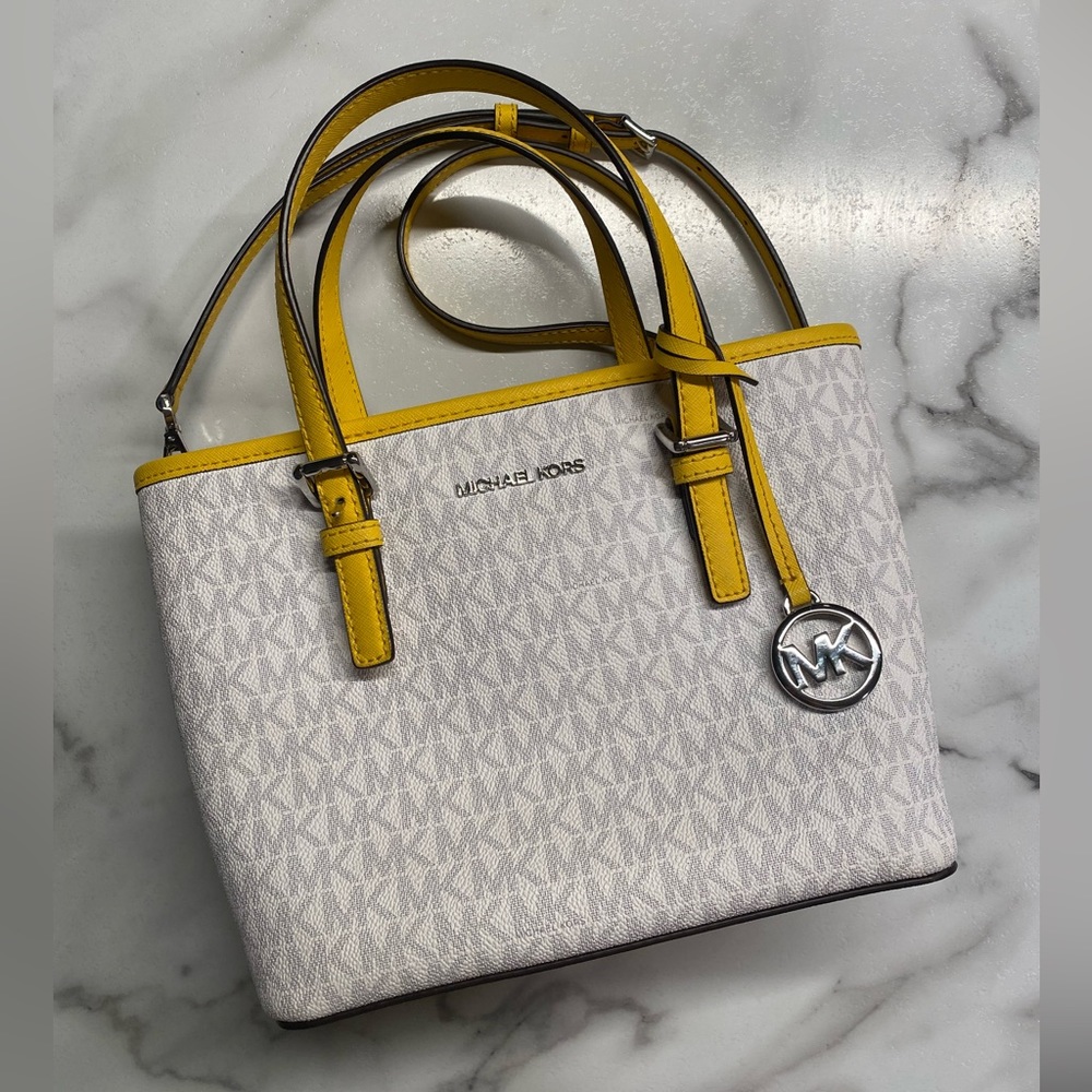 Michael Kors Small White Logo Print Yellow Crossbody Purse